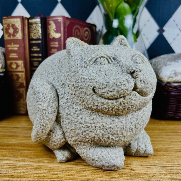 Vintage Large Fat Cat Sculpture Stone-Textured Folk Art Figurine Whimsical - Picture 5 of 15